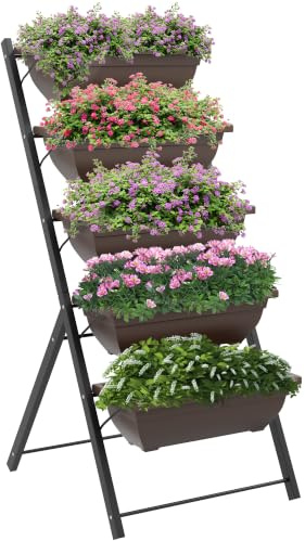 Outsunny Portapiante Rialzato 5 Livelli con 5 Vasi 55x63x120 cm Marrone | con Fori di Drenaggio, Portavasi Verticale, in Acciaio e Plastica