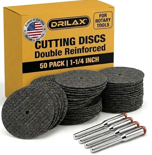 Drilax Trennscheiben 32 mm für Dremel – 50 Stück glasfaserverstärktes Trennscheiben-Set mit 4 Spanndornen – für Metall, Holz und Kunststoff – kompatibel mit Dremel 426, 426B