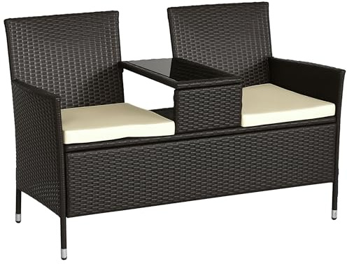 Outsunny Gartenbank Polyrattan 2-Sitzer UV-beständig Sitzbank mit Tisch Kissen Rückenlehne Gartenmöbel Parkbank bis 240kg belastbar Balkonbank für Garten Terrasse Balkon 133x63x84cm, Braun