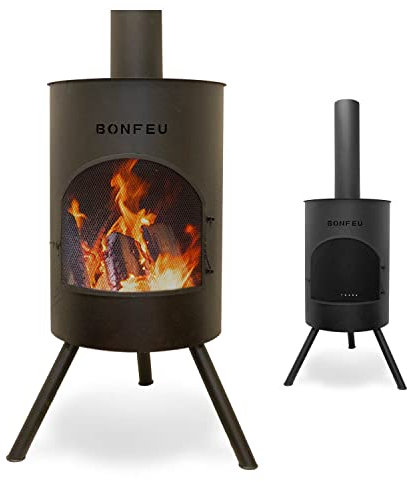 BonFeu BonTon 60 Schwarz - Terrassenofen - Feuerstelle mit Funkenschutz für entspannte Abende - Feuersäule Outdoor - Terrassenkamin mit Grillrost - Gartenofen aus Cortenstahl - 60x60x205cm