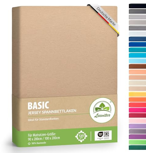 leevitex® Spannbettlaken 90x200cm - 100x200cm | Spannbetttuch Bettlaken | 100% Jersey Baumwolle | Matratzenhöhe bis 25 cm | Öko-tex | Sand/Beige
