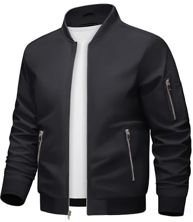 KEFITEVD Chaqueta de béisbol casual para hombre, chaqueta cortavientos delgada de verano con bolsillos con cremallera, Negro, L