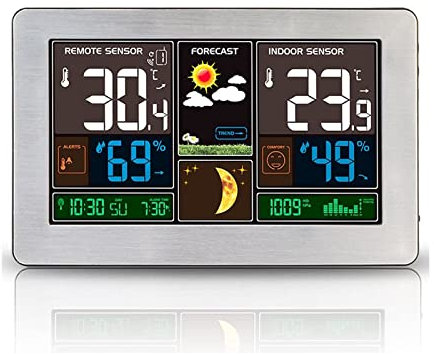 Termómetro Higrometro LCD Pantalla Medidor Temperatura, Estación Meteorológica Interior y Exterior con Sensor Inalámbrico al Aire Libre, Barómetro Alarma Fase lunar Pantalla