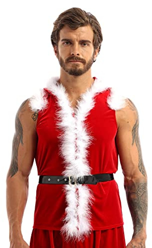Kaerm Julkostym för män, jultomte, kappa med huva, ärmlös jacka, vinterväst, festlig med fuskpälstrimning i rött, röd, XXL