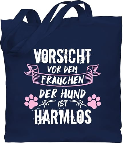 Baumwolltasche - Geschenk für Hundebesitzer - Vorsicht vor dem Frauchen der Hund ist harmlos - Grunge/Vintage - Weiß - Unisize - Navy Blau - geschenke dog lover bag hundefan gassi stoffbeutel