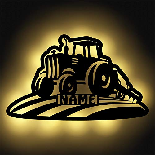 Namofactur personalisierte Landwirt-Wandlampe Felder und Traktor aus Holz | Mit Wunschname, batteriebetriebener LED-Beleuchtung und in verschiedenen Farben wählbar – für Wohnraum oder Bauernhofdeko