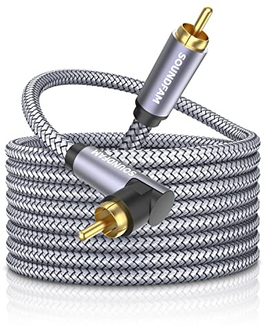 90 graders RCA-kabel SOUNDFAM subwoofer-kabel rät vinkel digital koaxial RCA-kabel hane till hane Vidio-ljudkabel guldpläterade kontakter för hemmabio, HDTV, hemstereo och DVD- grå (8 m)