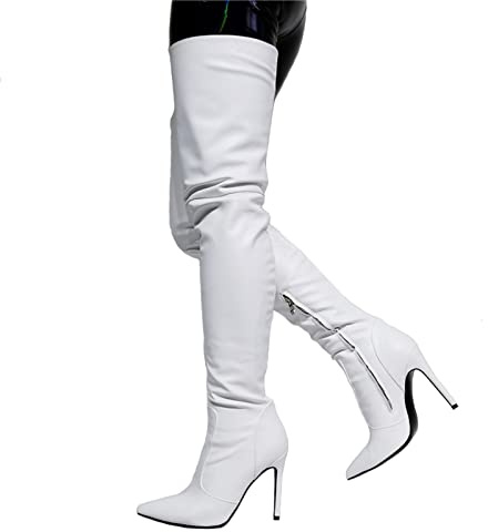 BeAUZQ Damen Sexy Spitze Zehe Oberschenkel Hohe Stiefel Modisch Weiß Stilettos Overknee Stiefel Fetisch High Heels Sexy Stripper Club Pole Dance Schuhe