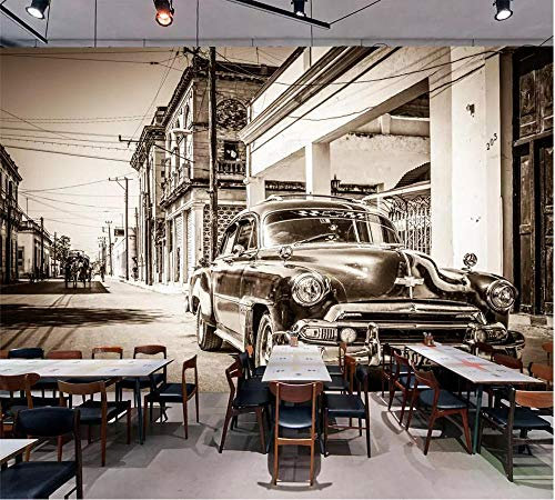 Benutzerdefinierte Große Fototapete 3D Retro Nostalgisch Schwarz-Weiß Straße Oldtimer Hotel Restaurant Wandbild 3D Wallpaper 120Cm(W)×80Cm(H)