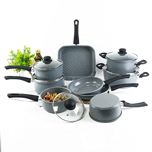 URBN-CHEF DALEMOOR Carbon Steel Marble Grey Cooking Pots Pans Cookware (16cm Saucepan)