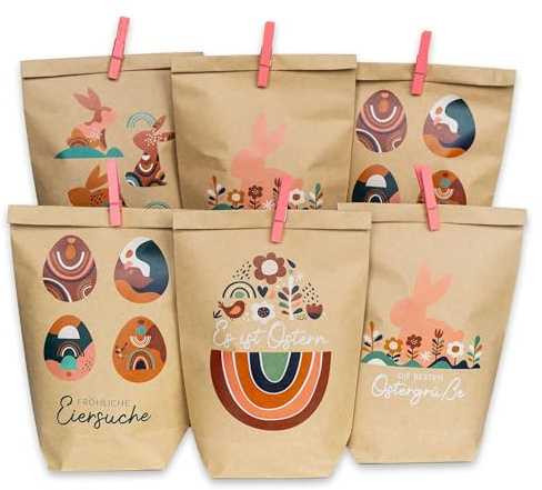 Papierdrachen 12 bedruckte Geschenktüten zu Ostern - Boho - ideale Geschenkidee oder Oster Dekoration - mit Holzklammern | Osternest zum Basteln und Verschenken - Set 6