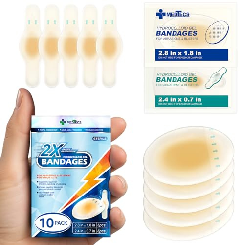 Medtecs Hydrocolloid Gel Bandages, Ellipse 5ct + Strip 5ct, Long-Lasting,Waterproof Adhesive for First Aid,Advanced Cushion for Blister Prevention & Wound Care,2X Fast Healing for Heel,Fingers & Toes