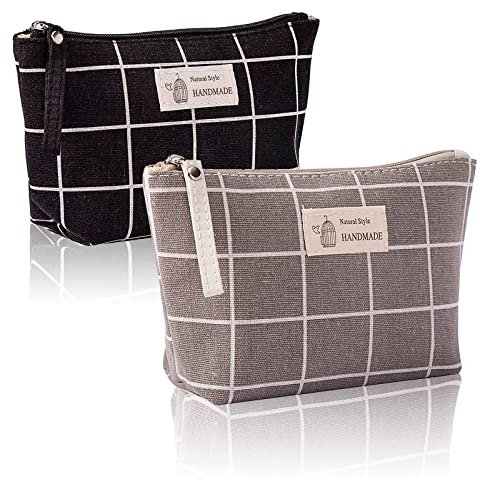 2 Piezas Bolsa Maquillaje Lona, Bolsa Cosméticos Lona Pequeña, con Cremallera, para Damas, Niñas, Almacenamiento Cosméticos y Necesidades Diarias (Negro, Gris)