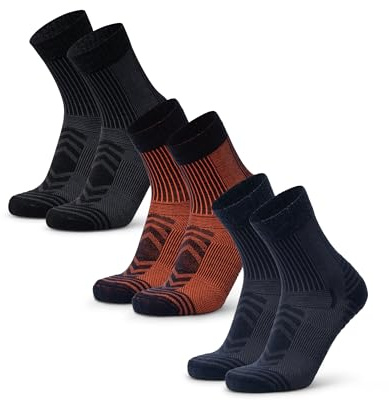DANISH ENDURANCE Vandringsstrumpor, Lätt Merinoull, Strumpor med anti-blåsor dämpning, för Män & Kvinnor, Unisex, 3-pack, Flerfärgad (1x Marinblå/Orange, 1x Svart, 1x Marinblå), 43-47