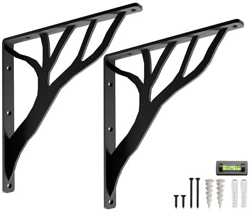 Rustic Tree Black Heavy Duty Shelf Brackets 12 inch by Balin Designs, Decorative L Brackets, Iron Metal Floating Shelf Bracket, Wall Mount Shelving Bracket, Included Hardware, Set of 2