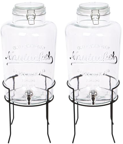 Rink Drink 8.7L Drinks Dispenser with Tap & Stand - Pack of 2 - Large Home Kitchen Outdoor Black Tap Water Dispensing Jug Indoor Juice Punch Bottle for BBQ, Party, Picnic, Events, Buffets