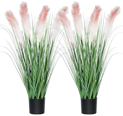 colorspec Künstliche hohe Graspflanze mit Schilfblüten,2 Töpfe,83 cm/33 Zoll,künstliches Pampasgras,Zwiebelgras,grüne Bodenpflanzen,Türdekoration für Wohnzimmer, Badezimmer, Garten (Rosa)