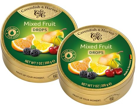Cavendish & Harvey Mixed Fruit Drops 2 lattine da 200 g Limone, ciliegia, mora, arancia e pera Con vero succo di frutta naturale Vegano, Halal, Kosher 2 x 200 g