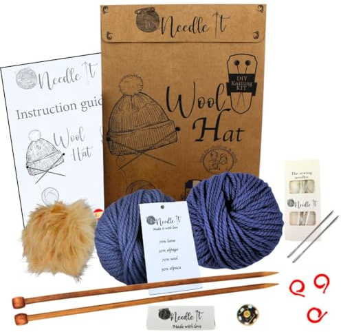 Needle It® Strickset Mütze komplett blau - Wollmütze zum Selberstricken für Kinder und Erwachsene - Komplettset mit Nadel, Knäuel und Anleitung - französische Wolle
