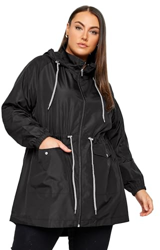 Yours Curve Drawstring Lightweight Breathable Shower Resistant Hooded Parka Jacket - Women's - Plus Size Black 30-32