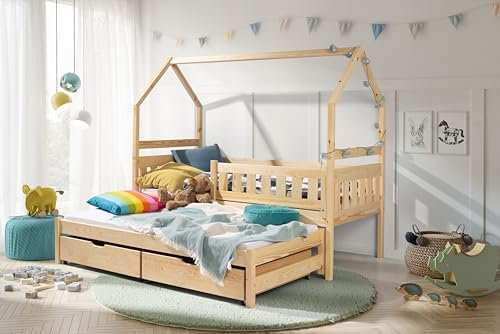 KEF-MEBLE KEF Blanka Kinderbett 80x160 cm - Doppelbett mit Schubladen - Hausbett aus Holz - Babybett ohne Matratze - Floor Bed - Jugendbett und Mädchenbett für Kinderzimmer - Kiefer