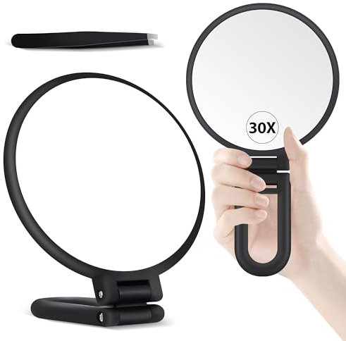 MIYADIVA 30X Vergrößerungsspiegel mit Griff – Doppelseitiger Makeup-Spiegel (1X/30X), faltbar & tragbar für präzises Make-up unterwegs – Matt Schwarz