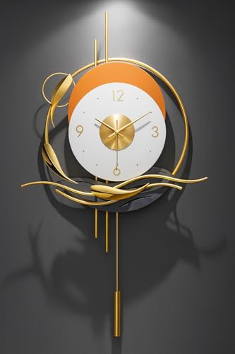 JRose Collections Modern Luxury Wall Clock with Pendulum 48x79cm – Silent Quartz Sweep Movement, Gold Metal & Abstract Art Design, Contemporary Wall Decor for Living Room, Bedroom, Office JR5164