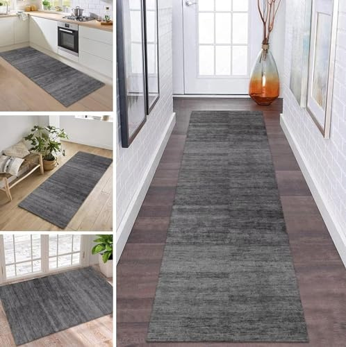 Teppich Läufer Lang Flur Küche rutschfest Waschbar Küchenläufer 40X140CM Dunkelgrau Schwarz Teppichmatten Polyester Korridor Teppichläufer Flur Wohnzimmer Schlafzimmer Schmutzfangmatte Küchenteppich
