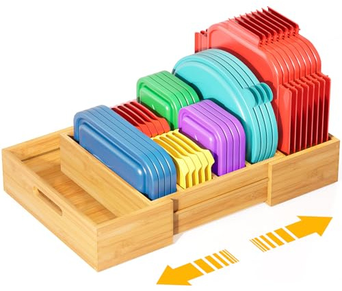 Kiasthome Expandable Bamboo Lid Organizers Inside Cabinet, Kitchen Cabinet Organizers with 3 Adjustable Dividers, Storage Plastic Lids, Food Container Lid Holder Organizer for Drawer Pantry, Nature