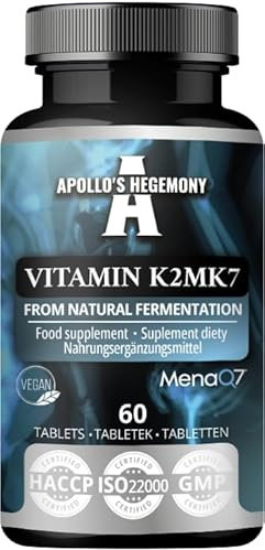 Vitamina K2 MK7 60 Comprimidos Veganos - 100 µg por porción - Suministro hasta 4 meses - Para la salud ósea y la coagulación de la sangre - Suplemento dietético - por Apollo's Hegemony