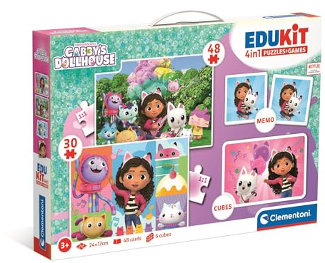 Clementoni Edukit 4 in 1 Gabby's Dollhouse - Spielesammlung für Vorschulkinder ab 3 Jahren - Inkl. 2 Puzzles, Memo-Spiel & Würfelpuzzle, 18319