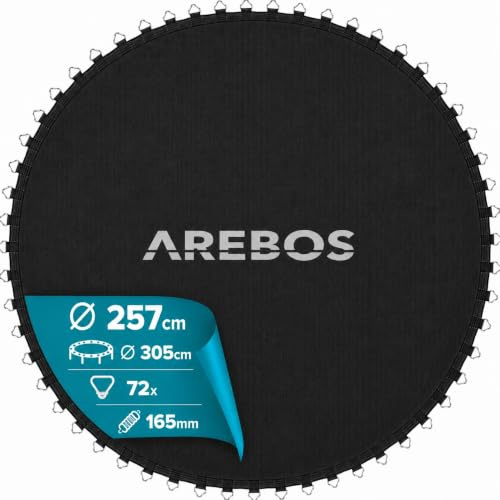 Arebos Trampolin Sprungmatte Ø 257 cm | für Trampoline mit Ø 305 cm, 72 Ösen und 165 mm Federlänge | Sprungtuch | 150 kg belastbar | 9-Fache Naht | Polypropylen | inkl. Federspanner