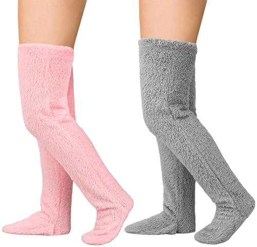 Zuimei 2 Pairs Over Knee High Fuzzy Leg Warmers Plush Slipper Stockings Warm Socks Winter Furry Long Leg Warmers for Women Ladies Thermal Home Sleeping Socks, Grey and Pink