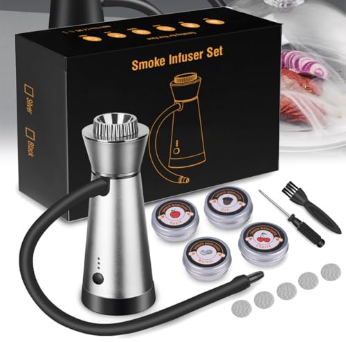 Fumoir à Cocktail Portable, infuseur de Pistolet de Fumage de Cuisine avec 3 réglages de Vitesse et 4 Saveurs de copeaux de Bois, réservoir de Carburant de copeaux de Bois de Grande capacité Silver
