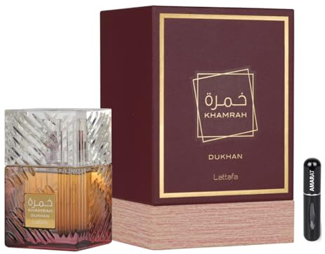 Khamrah Dukhan Eau de Parfum, 100 ml, arabisches Parfüm, Unisex, langanhaltend, inklusive nachfüllbarem Zerstäuber, rauchiger und würziger Duft mit Noten von Tabak, Bernstein und Praline (Dukhan)