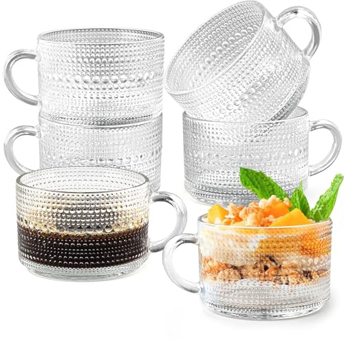 YFNVH Vintage Glas Kaffeetassen 6er Set, 350 ml klare geprägte Teetassen mit Henkel für Cappuccino, Latte, Milch, heiße oder kalte Getränke