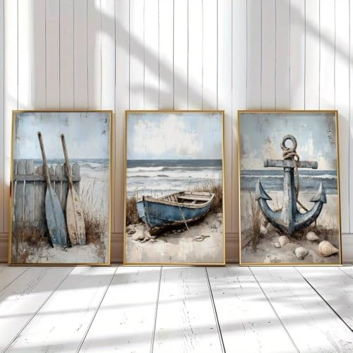 Baibexing Quadro Su Tela Con Ancora E Barca A Vela, Motivo Nautico, Da Spiaggia, Per Soggiorno, Decorazione Da Parete E Stampe. 50X70Cmx3Pcs Senza Telaio