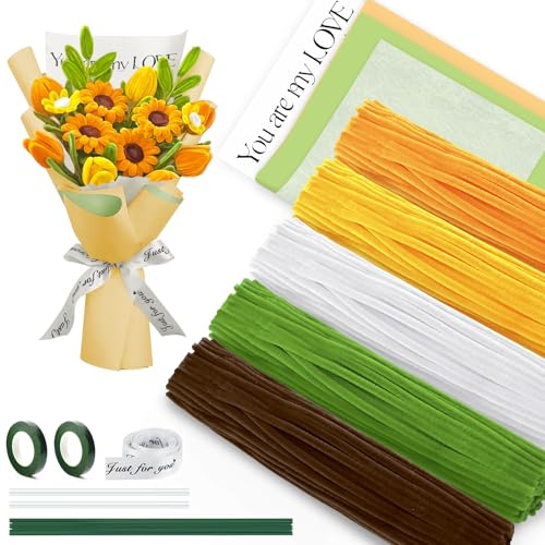 PETUTU Pfeifenreiniger Blumen Set - 500 Stück pfeifenputzer zum basteln, Kreatives Bastelmaterial für Kinder & Erwachsene(GELB)