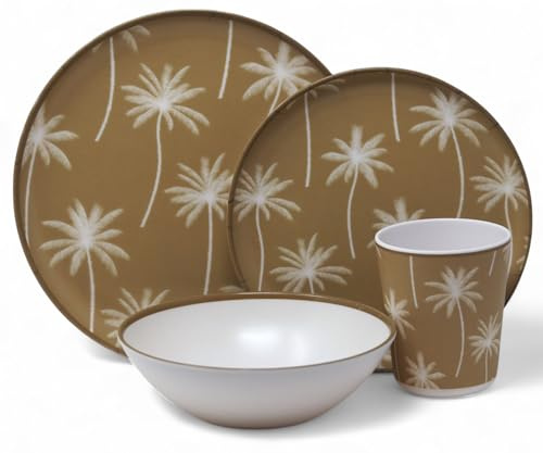 Tropical Palm Tree Melamine Outdoor Dining Picnic 16 Piece Set - Brown