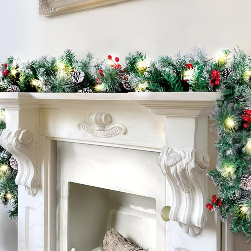 BlessedSeason 9FT Christmas Garland with Lights, Timer Artificial Lighted Garland Indoor for Stairs, Fireplace, 50 Lights Green Garland, Christmas Decoration with Cones & Red Berries & Pine Needle