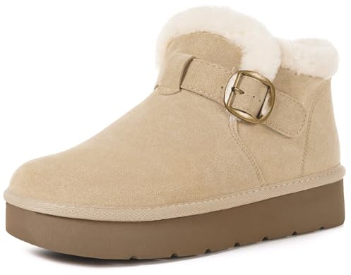 Dokela Bottes Hiver Femme Daim Suède Cuir Véritable Boots Chaud Fourrure Doublure Imperméable Confort Bottines de Neige Fermeture Chaussures Extérieur Antidérapant,Abricot,39 EU