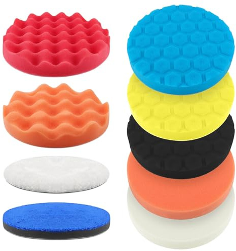 DXLing 9 Stück Auto Polierpads Klett Set 150mm Polierschwamm Polierpads Wellen/Flache/Waben Polieren Schwämme Polierschwämme Pads Auto Polishing Pad für Exzenter Poliermaschine Schleifmaschine