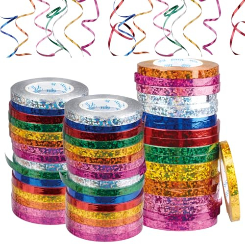 48 Rollen Luftschlangen, 8 Farben Metallic Geschenkband, 10 m Glitzernden Ringelband für Geburtstag, Hochzeit, Silvester, Geschenkverpackung Deko