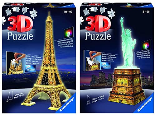 Ravensburger 3D Puzzle Eiffelturm bei Nacht mit 216 Teilen, für Kinder und Erwachsene & 3D Puzzle Freiheitsstatue bei Nacht, für Kinder und Erwachsene, Wahrzeichen von New York im Miniatur-Format