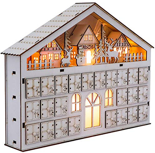 Valery Madelyn 39cm Calendrier de l'Avent Noël 24, Calendrier de Compte à Rebours en Bois et LED, Forme de Maison Calendrier à Remplir DIY, Décoration de Noël Illuminée pour Table, Cadeau de Noël