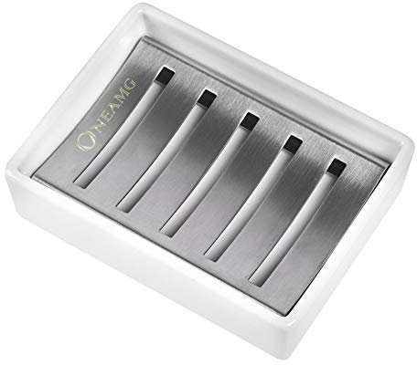 ONEAMG Seifenschale, Keramik Sitz SUS 304 Edelstahl Seifenhalter Seifenablage Doppel Seifenkiste ohne Bohren für Dusche, Bad, Küche, Keep Seife Bars Dry & Clean, einfache Reinigung