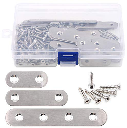Glarks 35-Pieces 1.6 inch/ 2.4 inch/ 4 inch Stainless Steel Flat Straight Brace Brackets Mending Joining Plates Repair Fixing Bracket Connector and 80pcs Screws Set, Total 115pcs, Silver