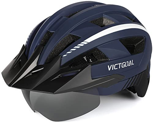 VICTGOAL Fahrradhelm MTB Mountainbike Helm mit magnetischem Visier Abnehmbarer Sonnenschutzkappe und LED Rücklicht Radhelm Rennradhelm für Erwachsenen Herren Damen (L: 57-61cm, Navy)