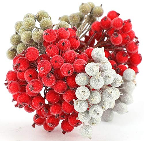 HOWAF Weihnachten Beere, 240 Stück Künstliche Beeren Rot Gold und Silber Holly Beerenzweige Weihnachten Gefrostet Berry Mini Weihnachtsbeere für Weihnachtsbaum Deko DIY Basteln Kranz Girlande Machen