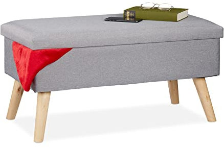 Relaxdays Sitzbank mit Stauraum, gepolsterte Truhenbank, modern, Holzbeine, Stoffbezug, HxBxT: 39 x 77 x 39 cm, hellgrau, Grau